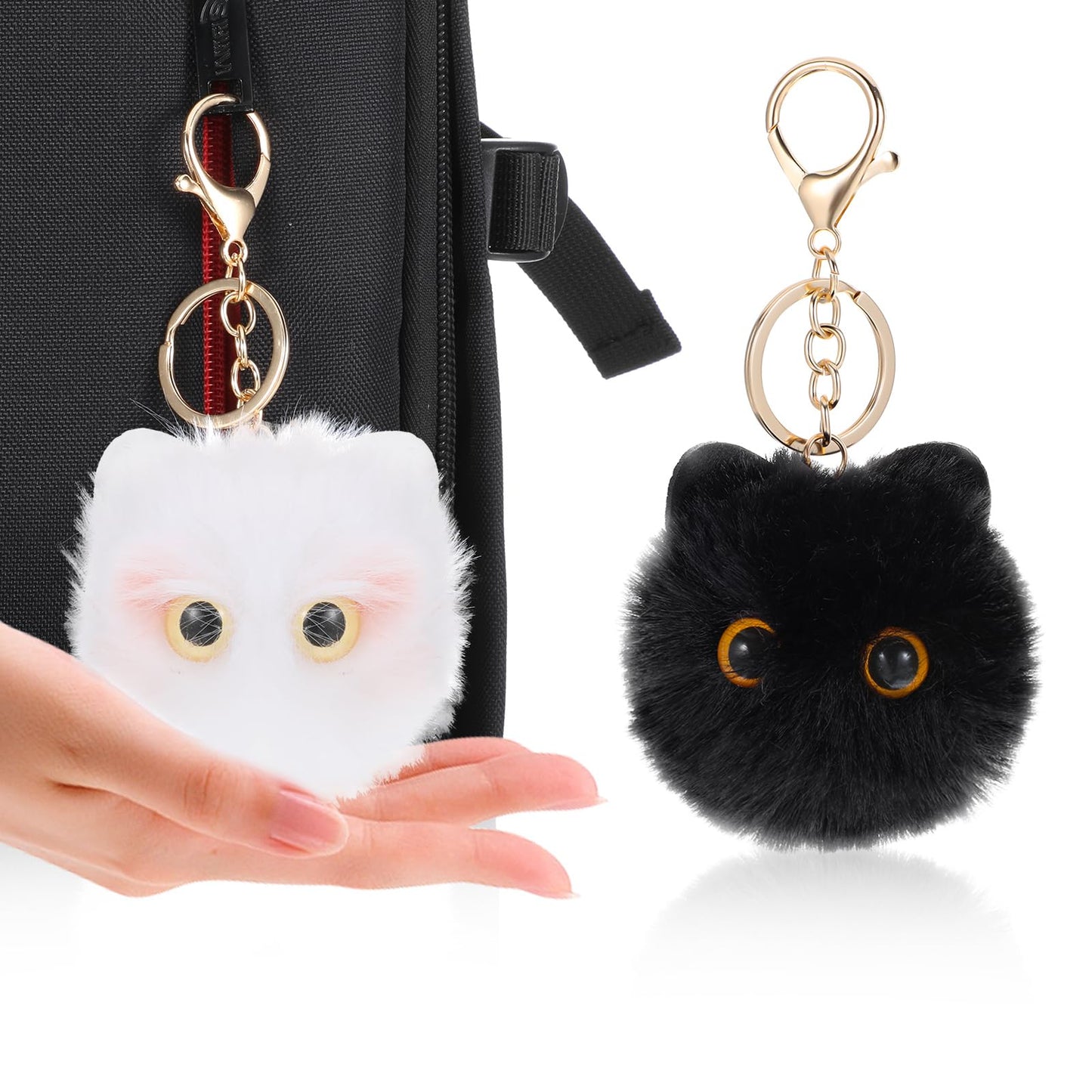 Tyqour 2Pcs Cute Cat Plush Keychain Pom Pom Keychain Cat Key Chain Stuffed Animal Keychain Kawaii Funny Lover Gifts For Birthday Christmas Valentine's Day Gift(White Black)