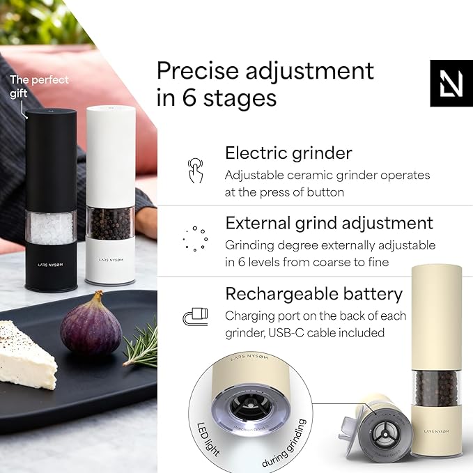 LARS NYSØM Electric Salt and Pepper Grinder Set I Automatic Salt and Pepper Mills with Adjustable Ceramic Grinder I USB Rechargeable Electric Spice Mill Set with LED Light (Almond Beige)