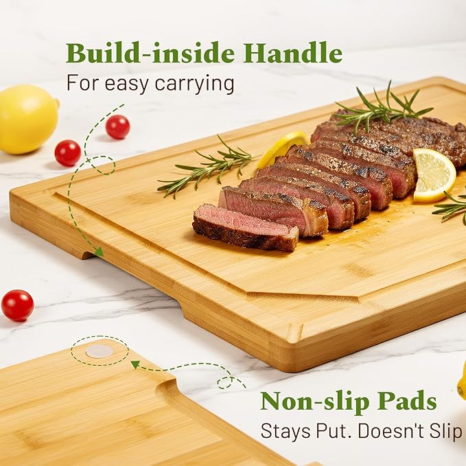 Kikcoin Bamboo Cutting Board for Kitchen, 3 Piece Wood Cutting Boards Set with Stand and Non-slip Feet, Knife Friendly Chopping-Board with Juice Grooves, Lightweight Serving Tray with Built-in Handles