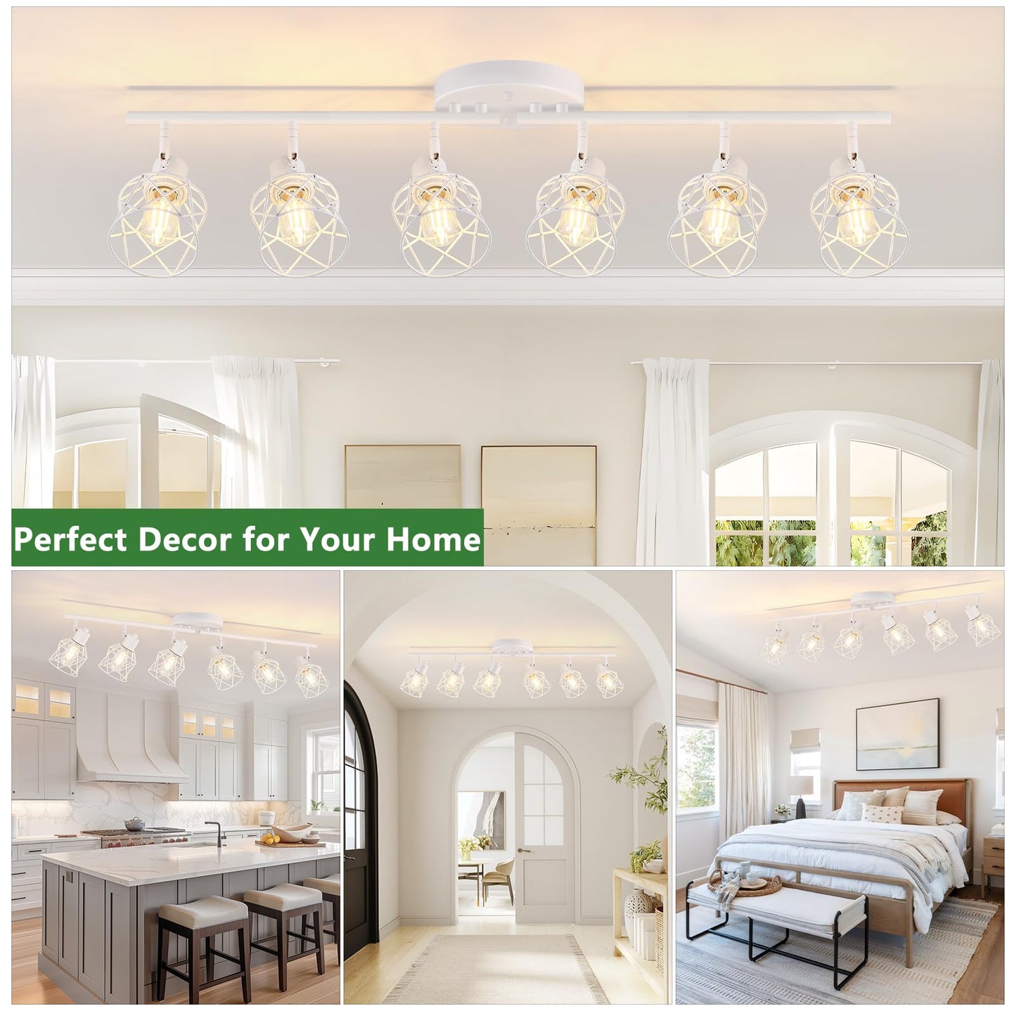Baocuz 6-Lights White Semi Flush Mount Ceiling Light With Geometric Metal Cage  Modern Kitchen Track Lighting Fixtures Ceiling  Rotatable Close To Ceiling Lamp For Entryway  Living Room  Hallway
