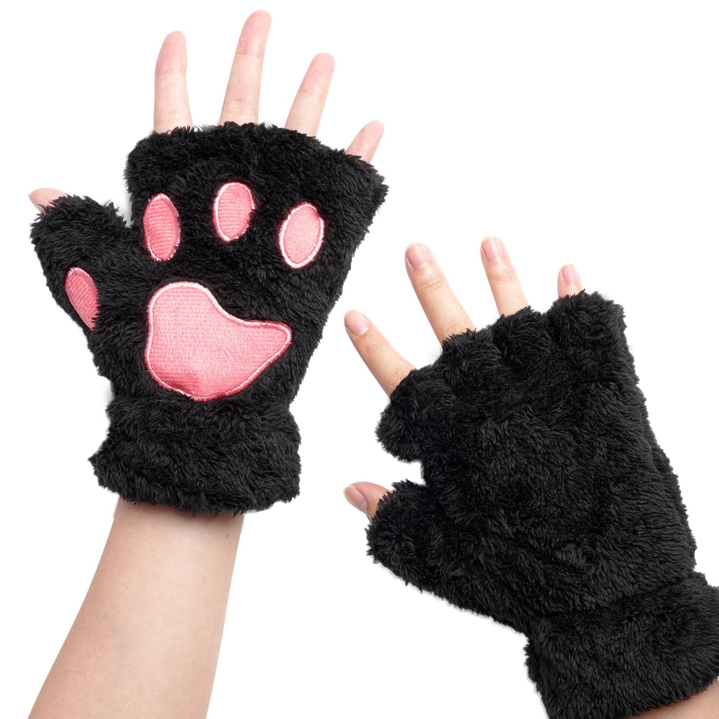 Hmxpls Fingerless Cat Paw Gloves, Winter Furry Bear Paw Gloves Cosplay Costume Accessories (Black)
