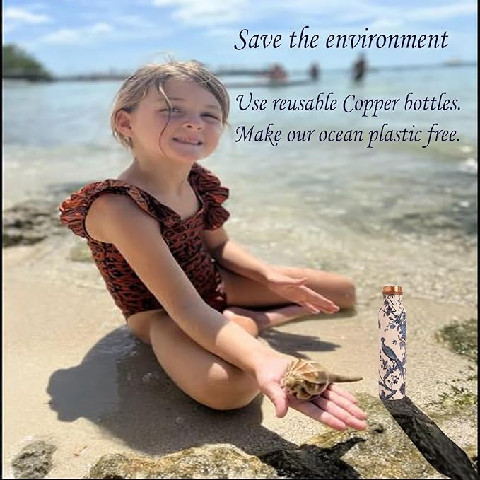 Pure Copper Water Bottle - Handcrafted - Ayurveda health benefits - Large 35 oz - Leak proof, Easy to carry for Sports, Fitness, Yoga, School - White Base Indigo Blue Floral Peacock Enamel