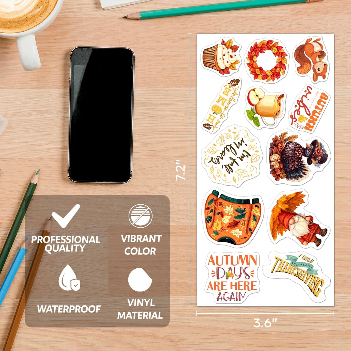 Thanksgiving Fall Aesthetic Stickers Pack 108Pcs Cute Pumpkin Turkey Autumn Leaf Vinyl Decals for Scrapbook Laptop Journals Cards Envelopes DIY Crafts Teens and Lovers