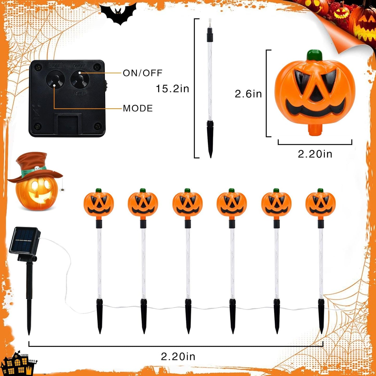 HRFGWDD 6-Pack Solar Pumpkin Garden Lights, Waterproof, 8-Mode, 17.8 in, Multicolor