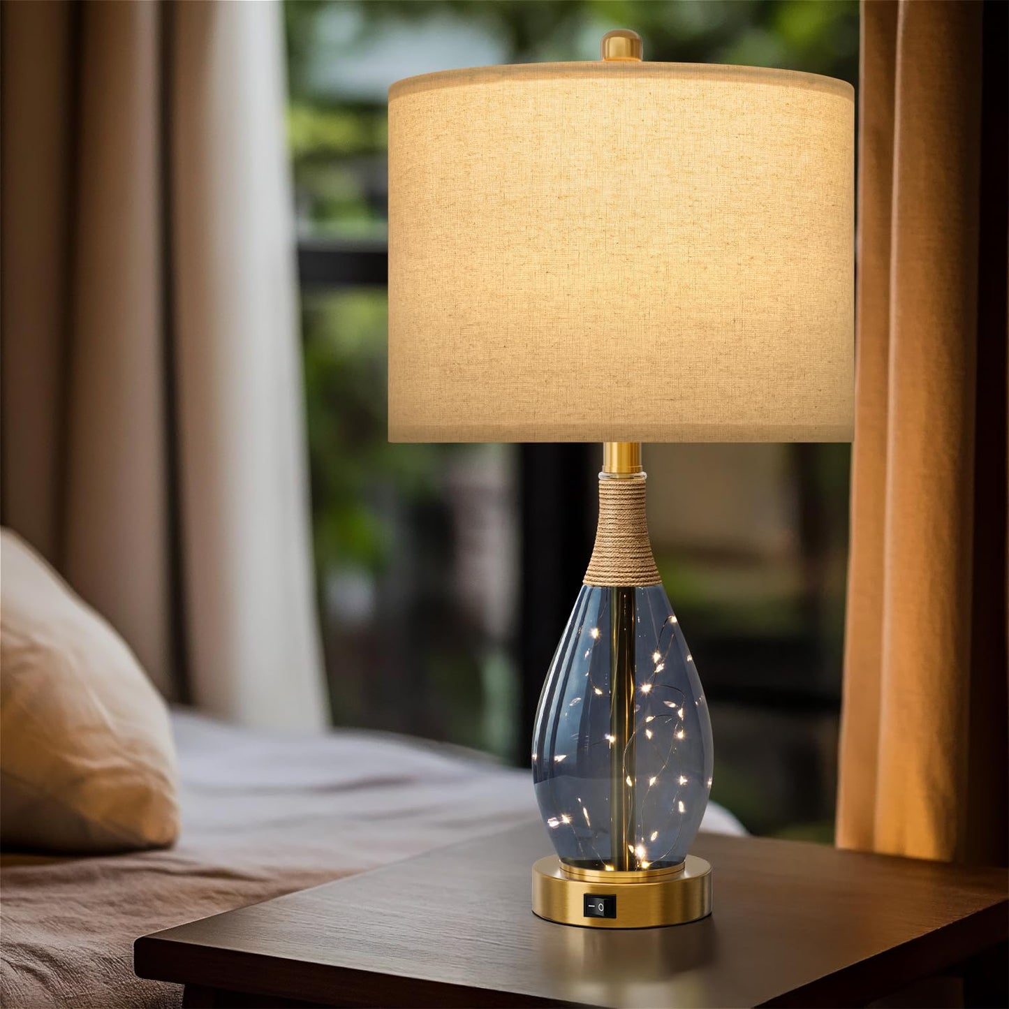OYEARS Table Lamps Set of 2 for Living Room, Blue Rattan Boho Style, USB C+A, Model AMZ-T1140BL-U