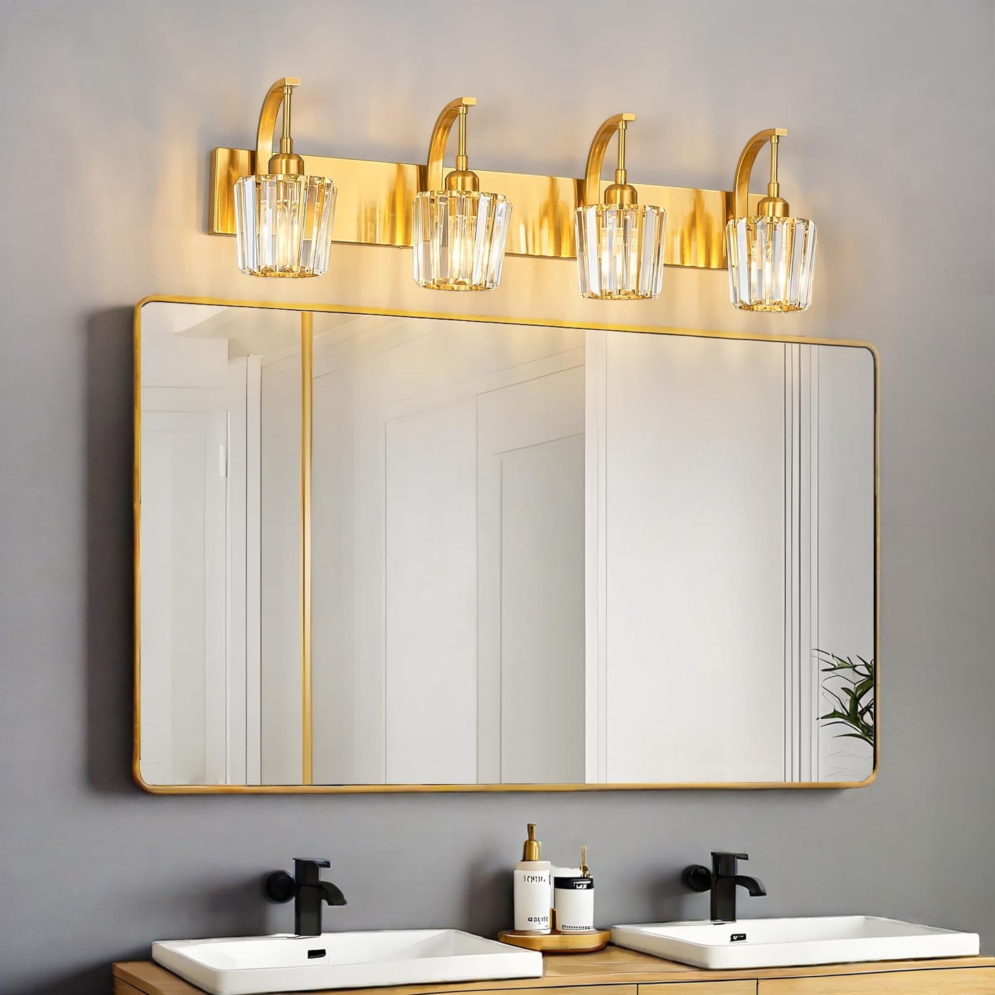 Fdpby Modern Bathroom Vanity Light  4-Light Gold Wall Sconce With Crystal Accents  Over Mirror Bathroom Lighting Fixture  32.67 Long Dimmable Vanity Lamp For Makeup  Easy Installation