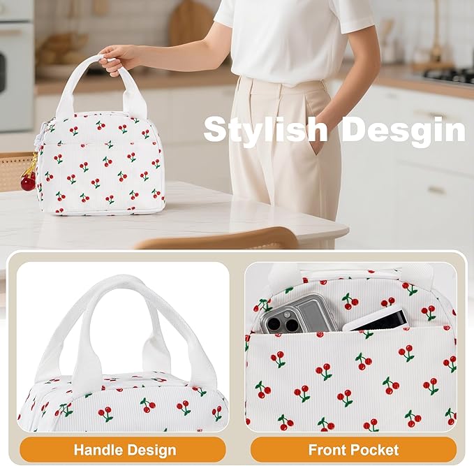 Lunch Bag for Women Cherry Insulated Lunch Box Reusable Cooler Bag Portable Cute Corduroy Leakproof Tote Bags with Keychain for Travel, Work, and Picnic