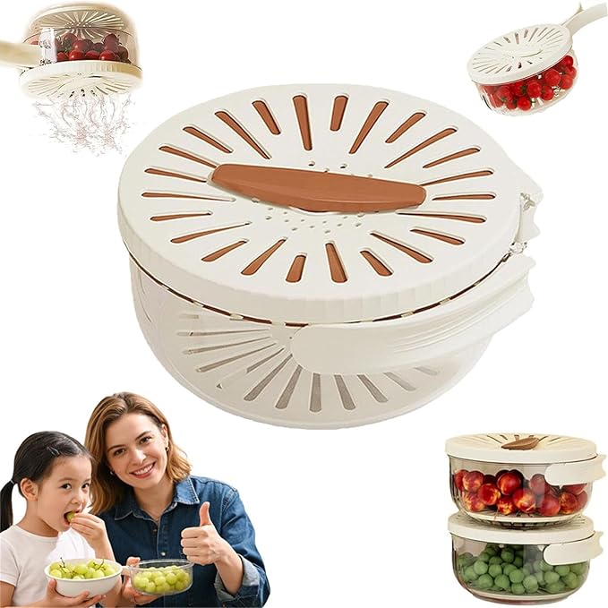 2 in 1 Draining and Preservation Basket, 2 in 1 Drainer and Strainer, Draining and Preservation Basket, Rotating Lid Mechanism, Multifunctional Fruit and Vegetable Washing Bowl (Brown, Small)