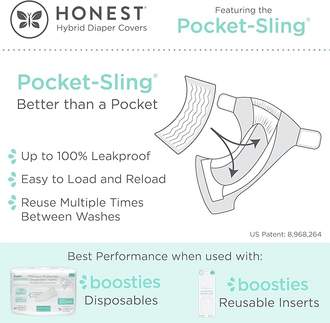 Super Boosties 90ct + Honest Hybrid Cloth Diaper Cover with Pocket-Sling, Large (22-40 lbs), Stops Nighttime Leaks, Boosties Disposable Diaper Inserts, Honest Cotton Muslin Covers, 3 Pack