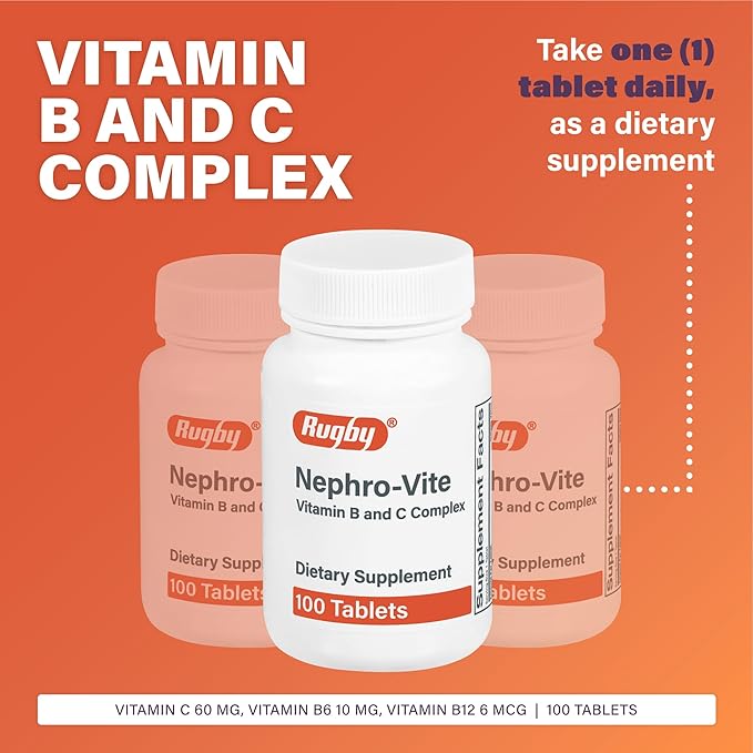 Rugby Nephro-Vite Vitamin B and C Complex Tablets - Dietary Supplement - 100 Count (1 Pack)