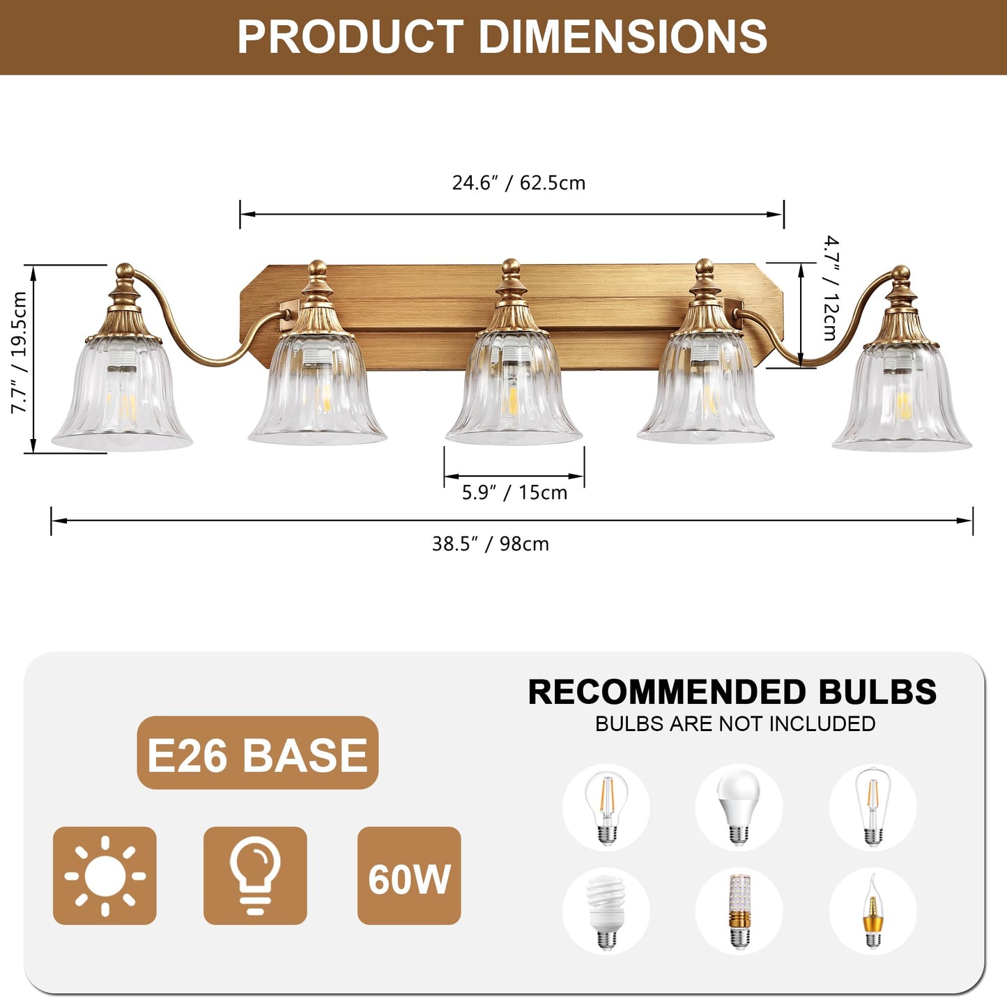 Dvmteom Gold Vintage Bathroom Light Fixtures  5-Lights Bathroom Vanity Light  Antique Brushed Gold Lighting Fixtures Over Mirror With Crystal Glass Shade  Wall Sconce Lighting
