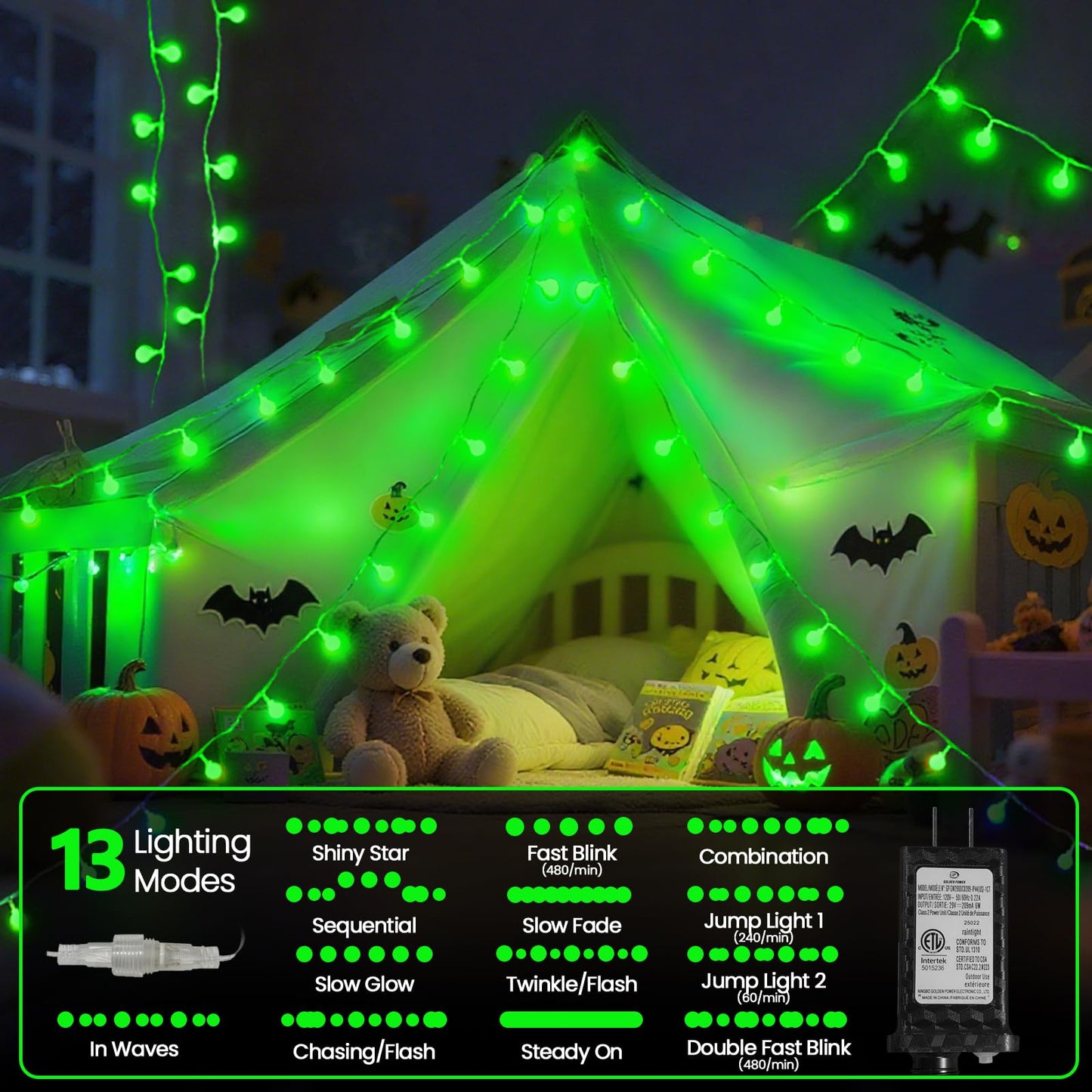 LORRYTE Connectable Green Christmas Lights - 100 LED Globe String Lights, 43FT, Waterproof, 13 Modes, Indoor/Outdoor Decor