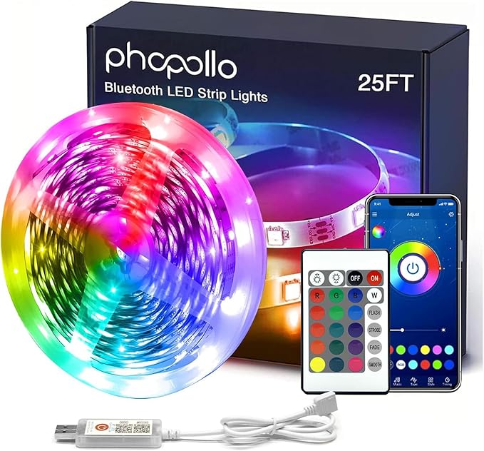 phopollo Led Strip Light, 25ft led Light Strips with Remote & App,Music Sync Mode with Mic, Smart Flexible 24V Led Lights ...