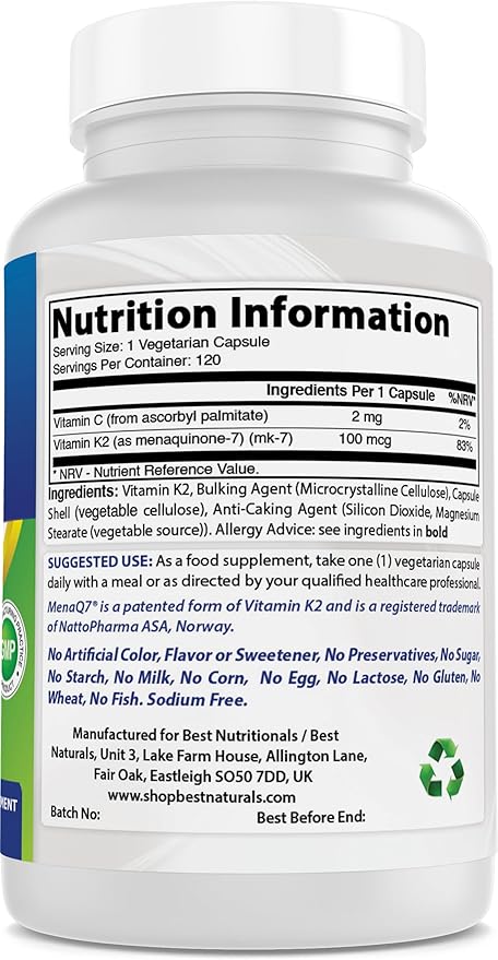 Best Naturals MK-7 Vitamin K2 100 mcg 120 Vcaps