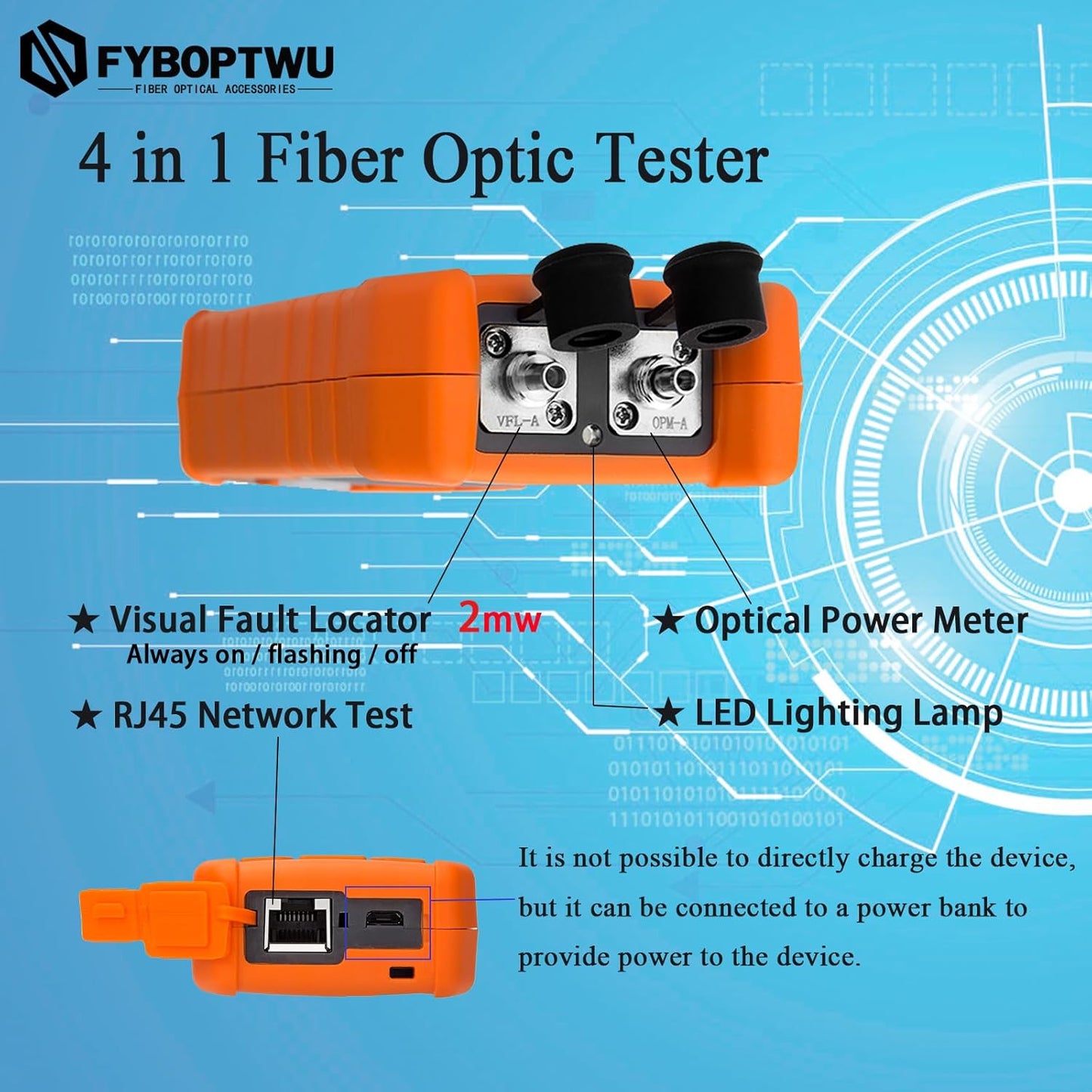 4 in 1 Function Fiber Optic Tester Portable Optical Power Meter (FC/SC/ST) & VFL 2mw Visual Fault Locator & LED, OPM & VF, Range: (-50) dBm ~ (+26) dBm，2pcs
