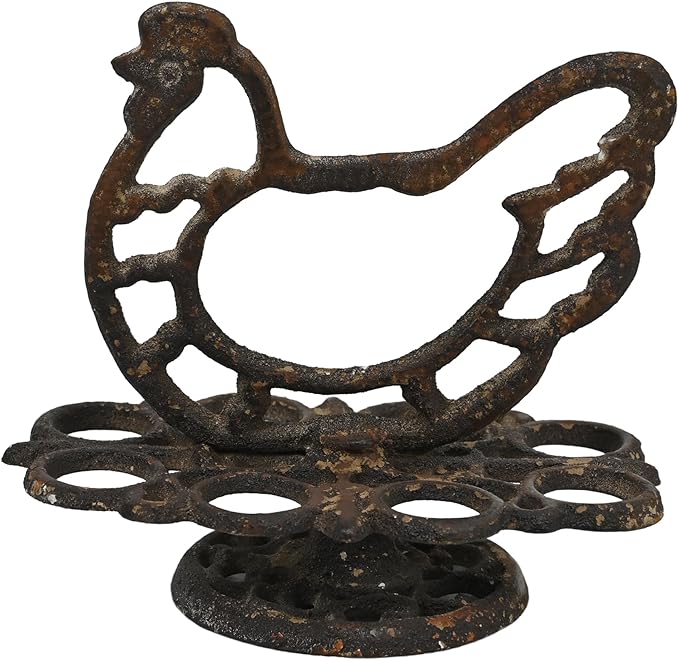 Vintage Cast Iron Chicken Egg Holder, Rustic Farmhouse Kitchen Decor Egg Tray, Heavy Duty Retro Decorative Table Display Stand for 8 Eggs (Antiqued Rusty)