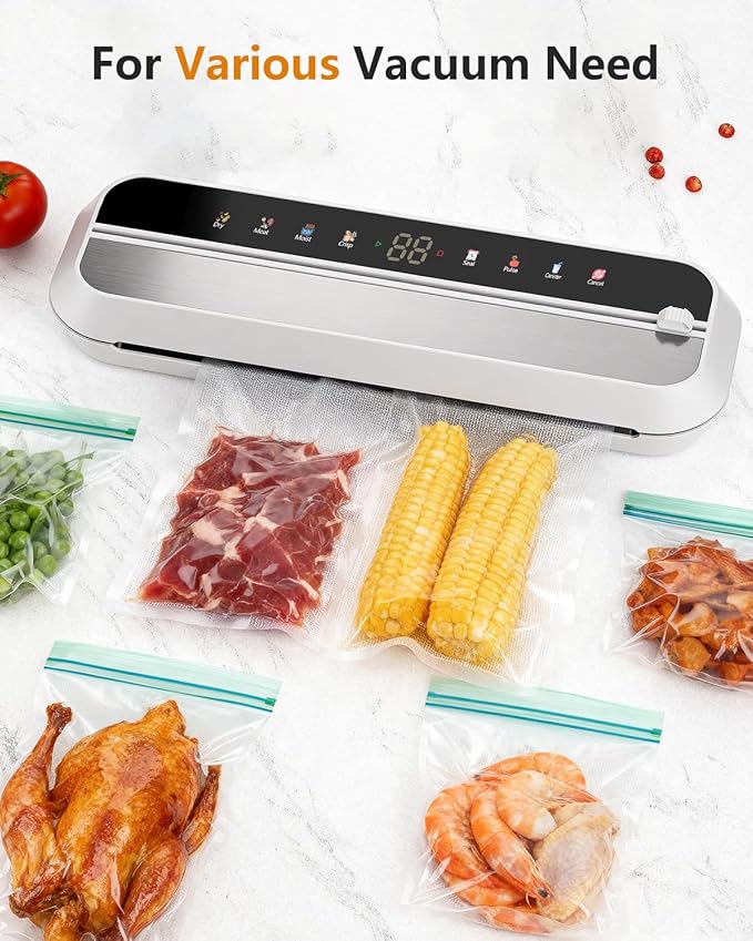 Vacuum Sealer, 8-in-1 Vacuum Sealer For Food, 100W, Digital Timer, Moist&Dry Mode and External VAC for Containers, Built-in Cutter & 10 Vacuum Bags （White）