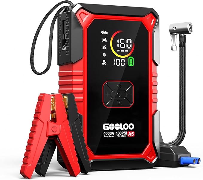 GOOLOO A5 Jump Starter with Air Compressor, 4000A Car Battery Jump Starter (All Gas/10.0L Diesel) with 160PSI Tire Inflato...