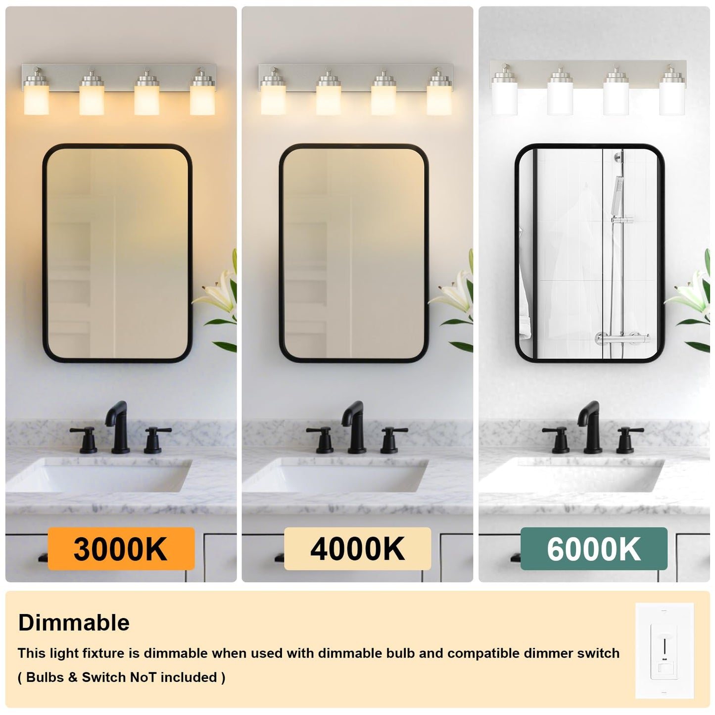 Izorro Bathroom Vanity Light Fixture  4-Light 27.5 Inch Brushed Nickel Bathroom Light Fixtures Over Mirror  With White Glass Shade  Modern Farmhouse Vanity Lights  Rustic Restroom Lighting Fixtures