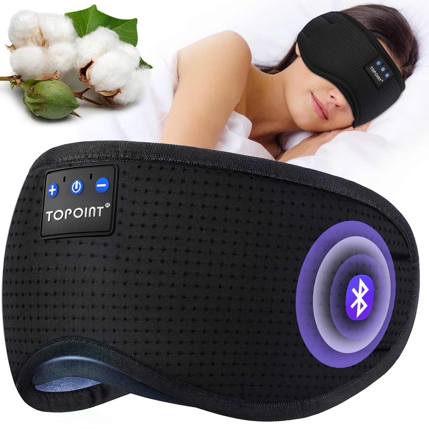 TOPOINT Sleep Mask Headphones Bluetooth Wireless 5.4, Breathable Cotton Eye Mask for Sleeping Side Sleepers Travel Music Headsets with Microphone Handsfree Men Women