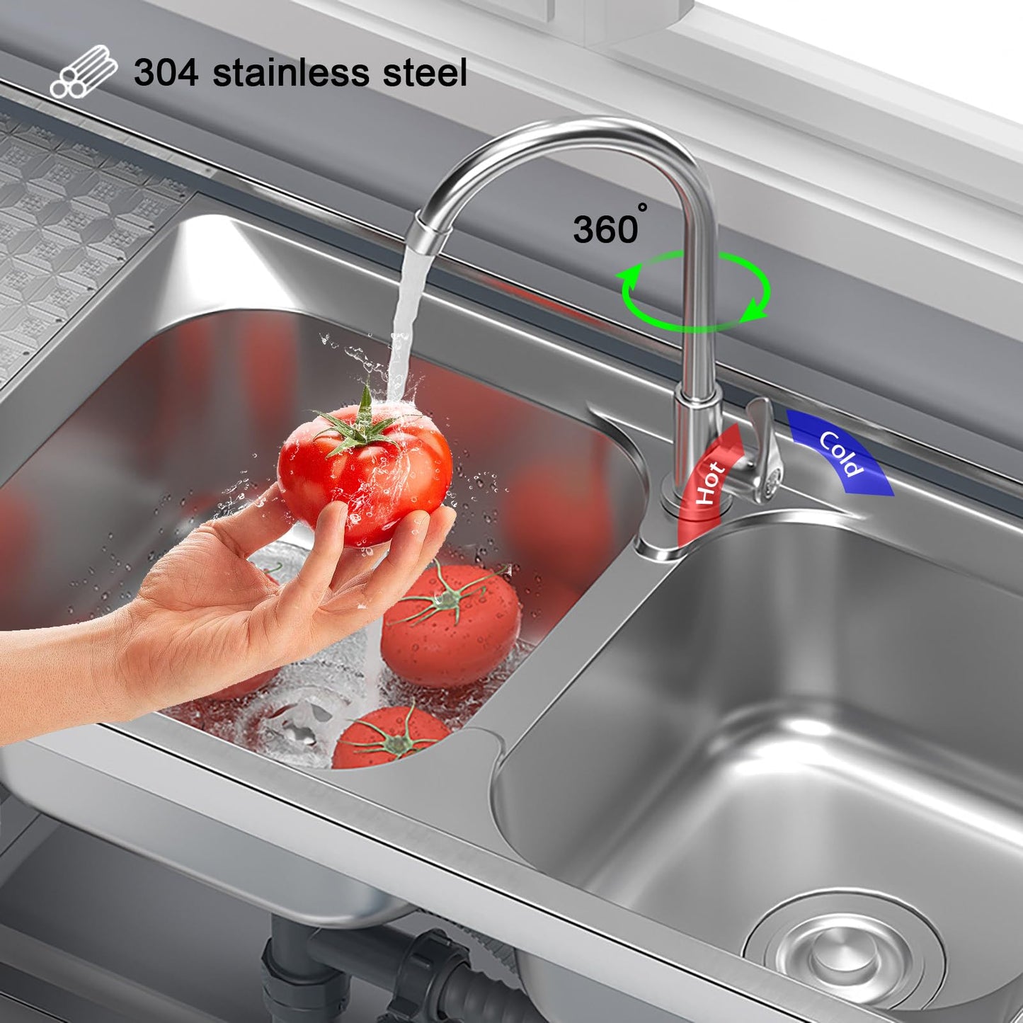 DuyviSteil 2-Compartment Commercial Sink, Stainless Steel Utility Sink with Dual-inlet Configuration Faucet Workbench & Storage, Free Standing Double Bowl for Restaurant, Garage, Shop, Outoor(47in)