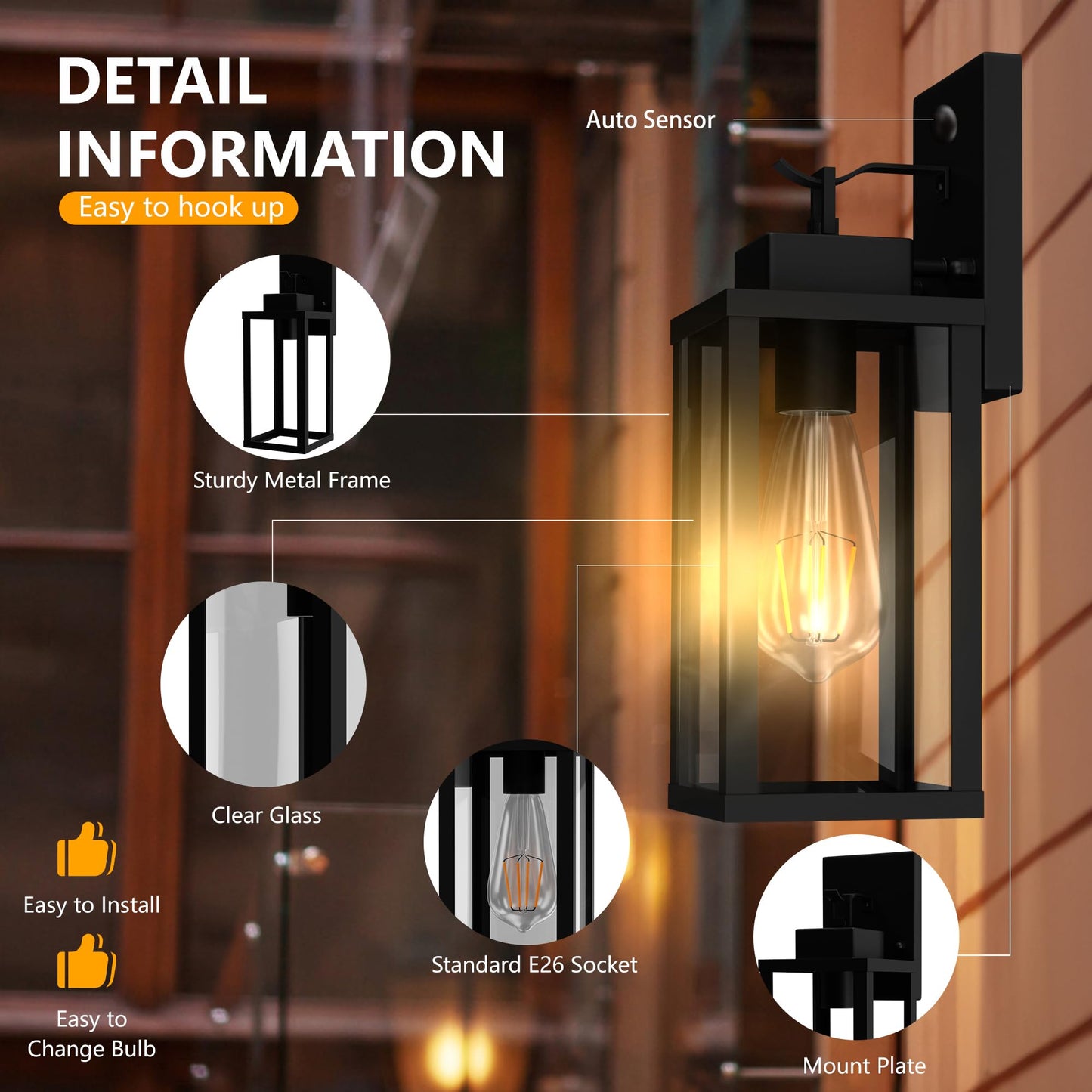 Kainozoic Motion Sensor Dawn To Dusk Outdoor Sensor Light Fixture Anti-Rust Exterior Wall Lighting Waterproof Outdoor Wall Lantern For Porch Patio Front Door Garage - 2 Pack