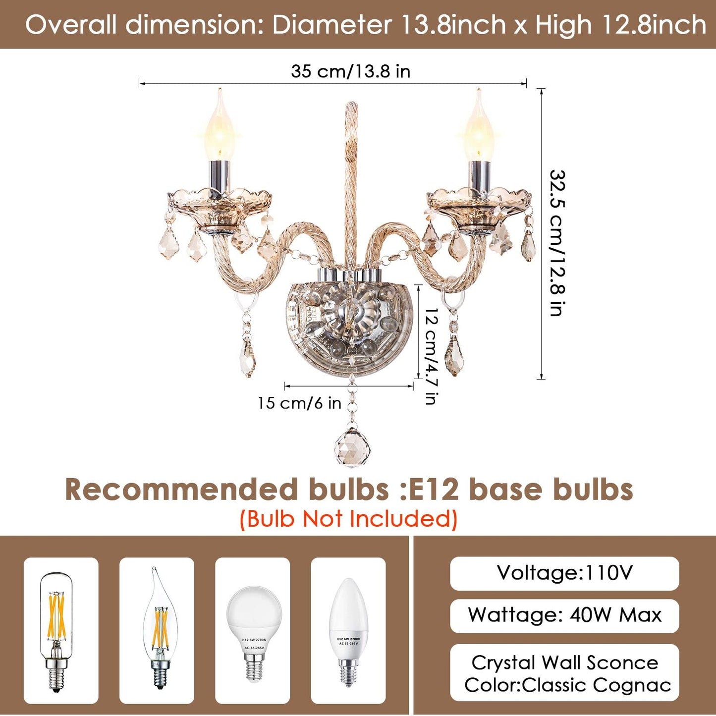 CRYSTOP Wall Sconce, 2 Lights, European Style Crystal Lamp, Cognac Color