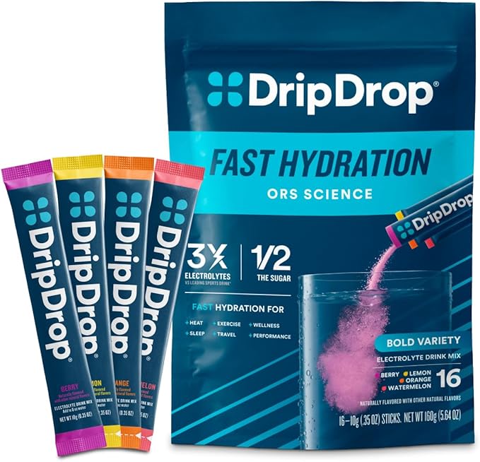 DripDrop Hydration Packets - Bold Variety Pack - Single Serve Electrolytes Powder Drink Mix - Watermelon, Berry, Lemon, Or...