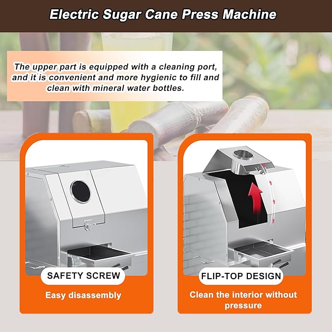 Commercial Sugar Cane Juicer, Electric Sugar Cane Press Machine, 304 Stainless Steel 3-Roller Desktop Sugarcane Juice Extractor with Openable Top Cover for Hotel, Restaurant, Super Market