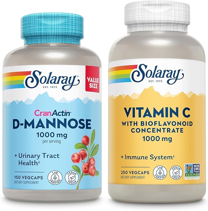 SOLARAY D-Mannose 1000mg with CranActin Cranberry Extract (150ct) and Vitamin C 1000mg with Bioflavonoids (250ct) - Urinary Tract, Bladder Health and Immune Support Bundle - Vegan, 60 Day Guarantee
