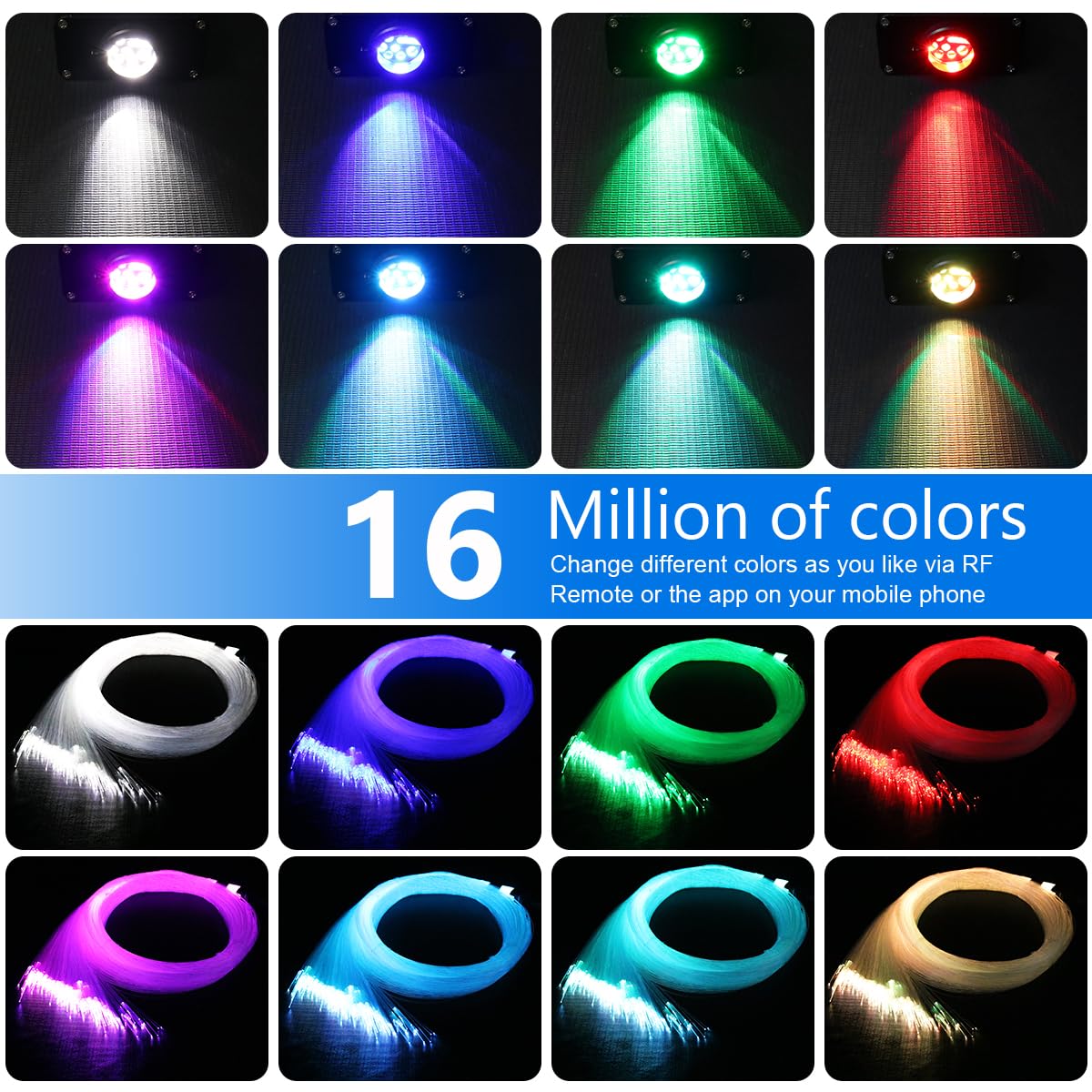 AZIMOM 16W Twinkle & Sound Activate 450pcs*0.03in*9.8ft Fiber Optic Starlight Headliner Kits for Car Home Star Ceiling Sky Decoration, APP& Remote Control Light Engine End Glow Fiber Strands