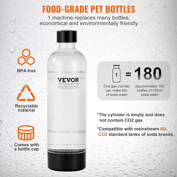 VEVOR Sparkling Water Maker, Soda Maker Machine for Home, Soda Maker with BPA-free 1L PET Bottle, 2 CO2 Cylinders(Not Contain CO2 GAS), Compatible with Mainstream Screw-in 60L CO2 Cylinder