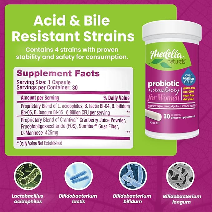 Women Probiotics w/ Prebiotics & Cranberry - 6 Billion CFU, 4-Strain (Including Bifidobacterium Longum & Lactis) Prebiotic Probiotic Women to Support Urinary, Immune, Vaginal Health & Digestive Health