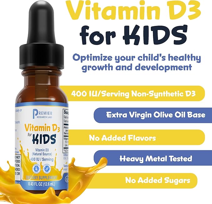 Premier Research Labs Vitamin D3 for Kids - Vitamin D Drops for Children, Kids Liquid Vitamin D, 400 IU Per Serving, Supports Healthy Brain Development - 0.43 fl oz