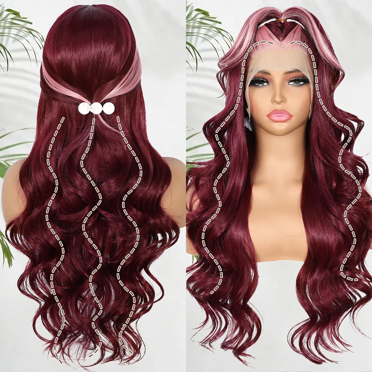 BABEHERS Burgundy Lace Front Wig for Women Skunk Stripe 13x4 Body Wave Synthetic Wigs Highlight Pre-plucked Long Wavy 150% Densi