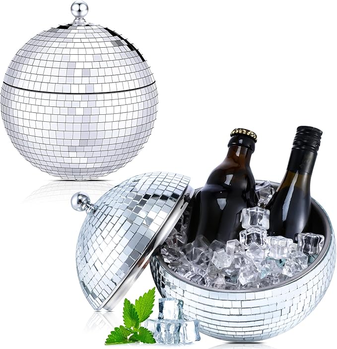 Hoolerry 2L Disco Ball Ice Bucket for Cocktail Bar Retro 70s Barware Mirror Silver Disco Beverage Vase Bowl Drink Barrel D...