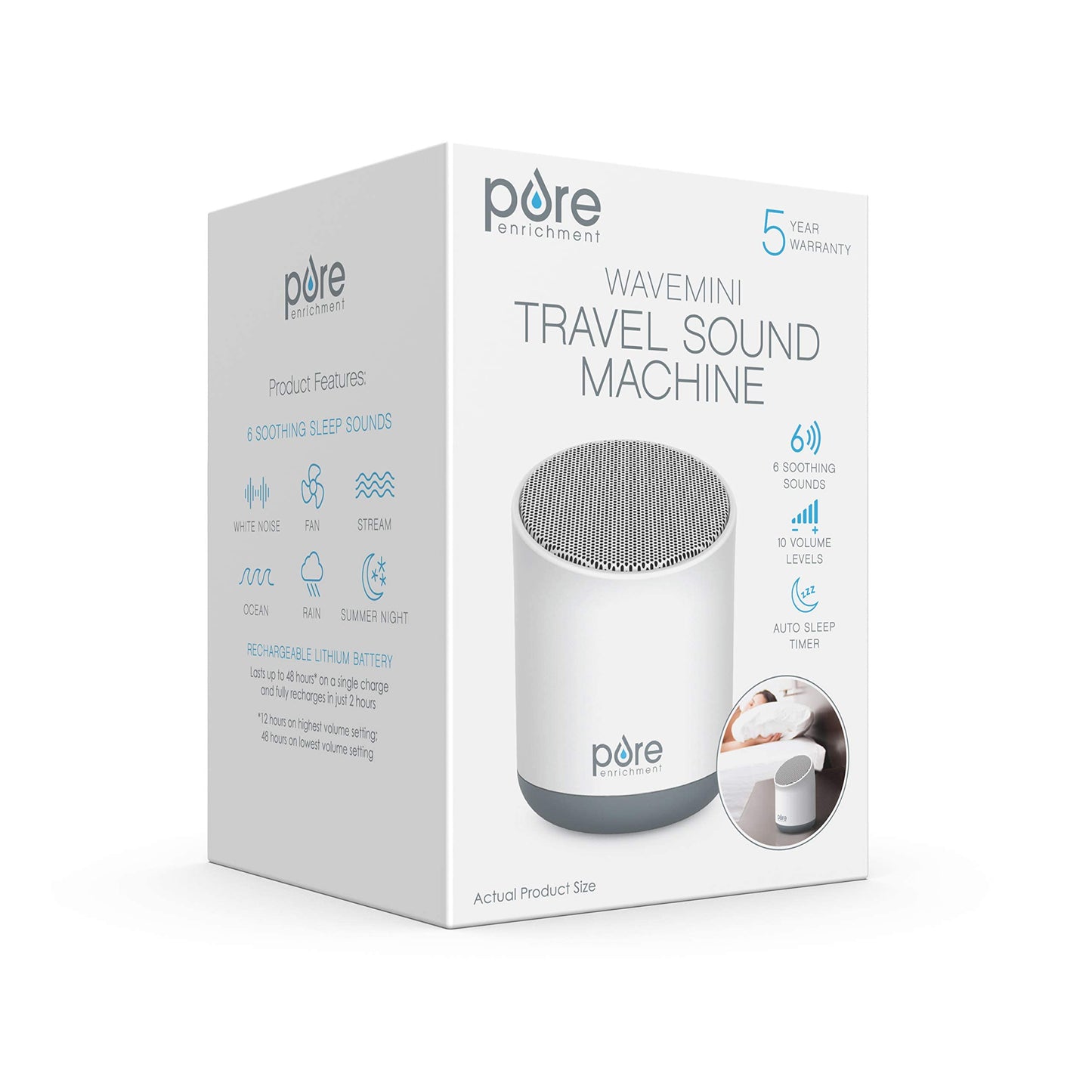Pure Enrichment Wave Mini Travel Sound Machine - 6 Soothing Sounds Including White Noise, Seamless Loop Audio, Rechargeable Battery, 48 Hour Run Time, Optional Timer, and Storage Bag