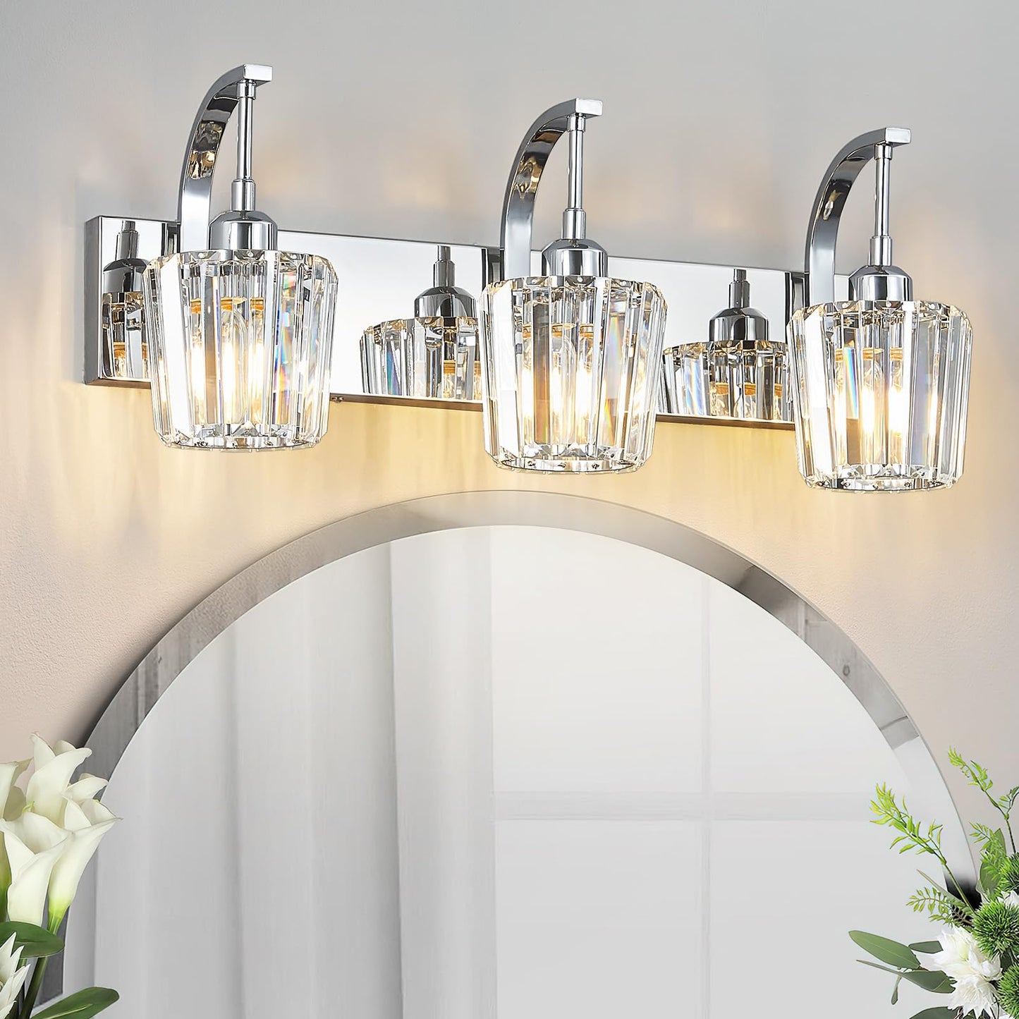 Fdpby Modern Bathroom Vanity Light  3-Light Chrome Wall Sconce With Crystal Accents  Over Mirror Bathroom Lighting Fixture  23.62 Long Dimmable Vanity Lamp For Makeup  Easy Installation