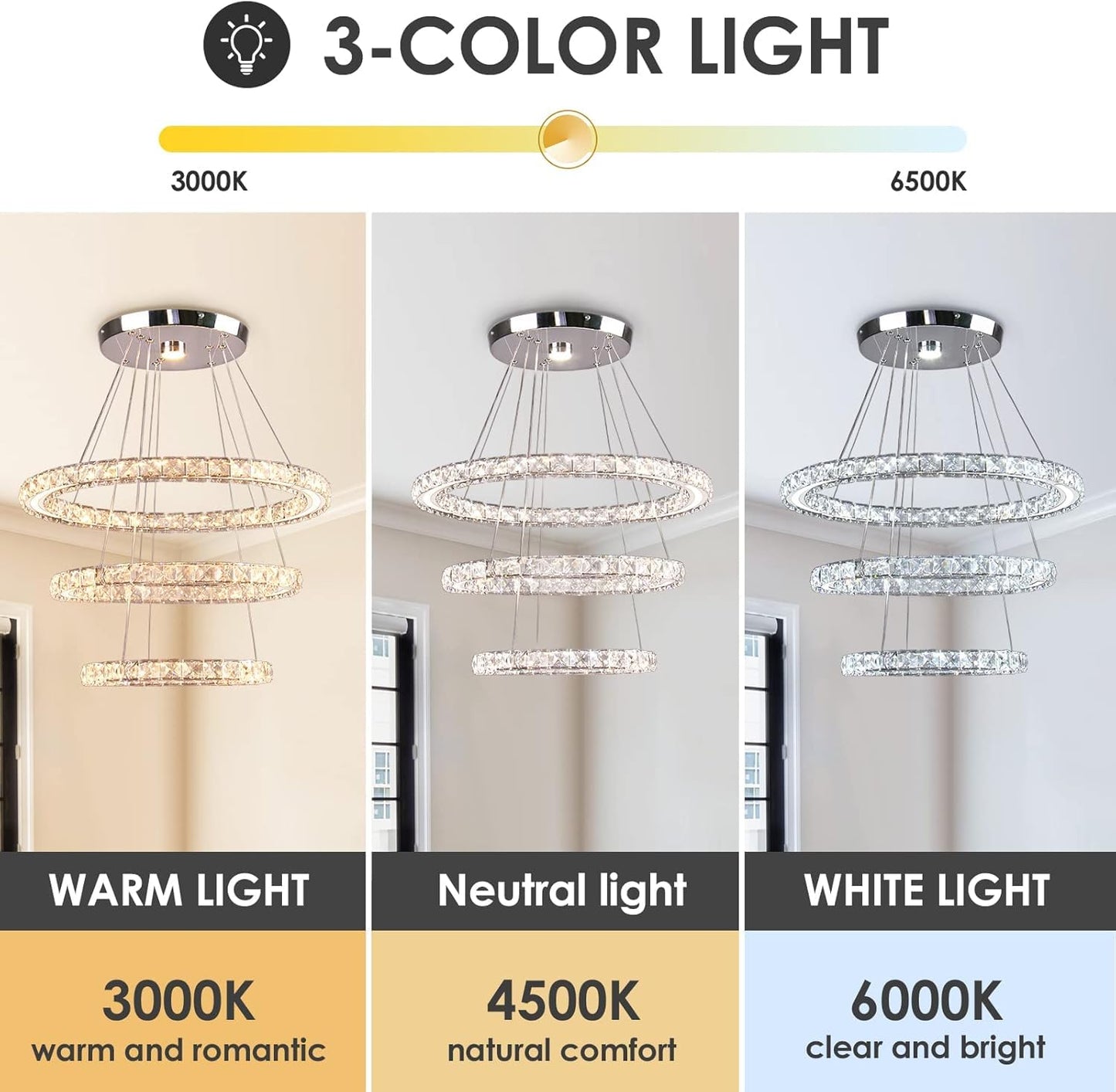 CXGLEAMING Modern Chandelier LED Pendant Light Fixture Dimmable 3 Rings Stainless Steel 250mm Base 209 Crystals