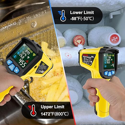 MESTEK Infrared Thermometer Gun, Non-Contact Digital Laser Thermometer Temperature Gun with Probe for Cooking, Home Repairs, IR Temp Gun with Humidity Sensor, Adjustable Emissivity -58°F to 1472°F