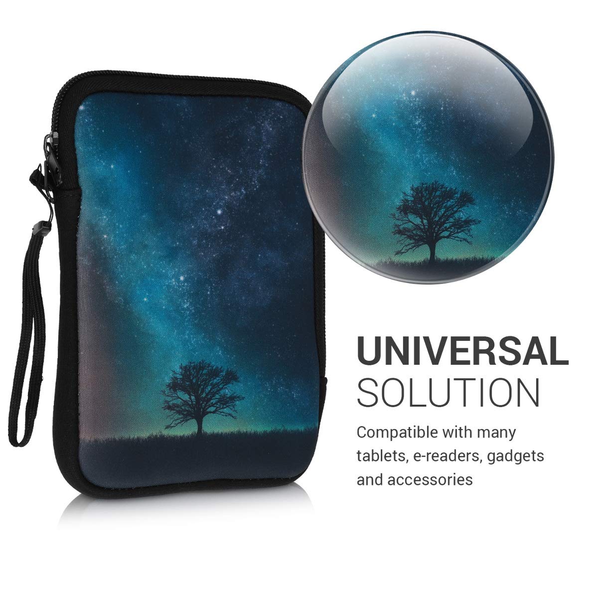 Kwmobile Neoprene E-Reader Pouch Size 6 Ereader - Universal Ebook Sleeve Case With Zipper, Wrist Strap - Blue/Grey/Black