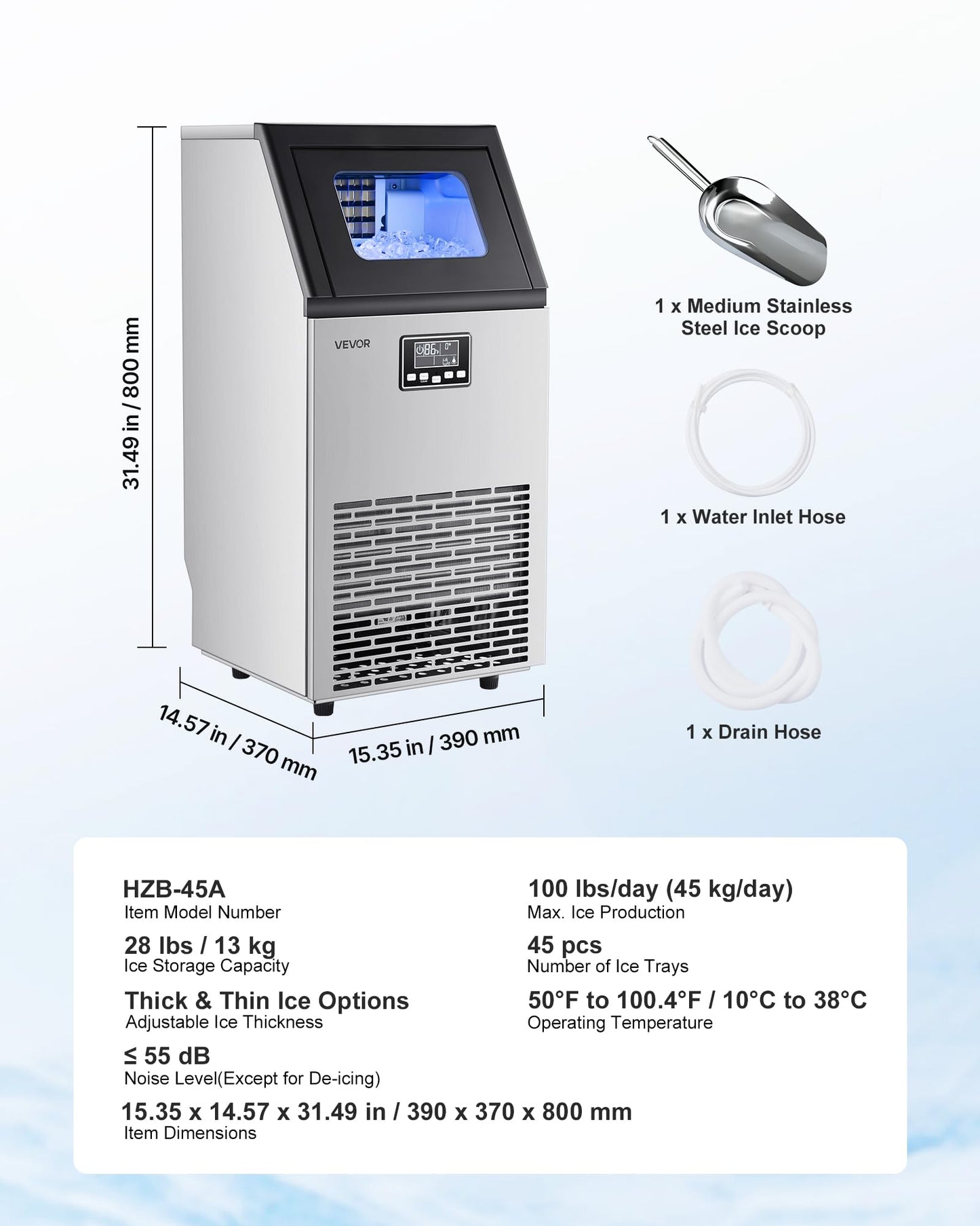 VEVOR Commercial Ice Maker Machine, 100 lbs/24h with 28Lbs Storage, 45 Cubes per Cycle, Stainless Steel Freestanding & Under Counter Ice Maker with LED Display & Self-Cleaning, for Home Bar Restaurant