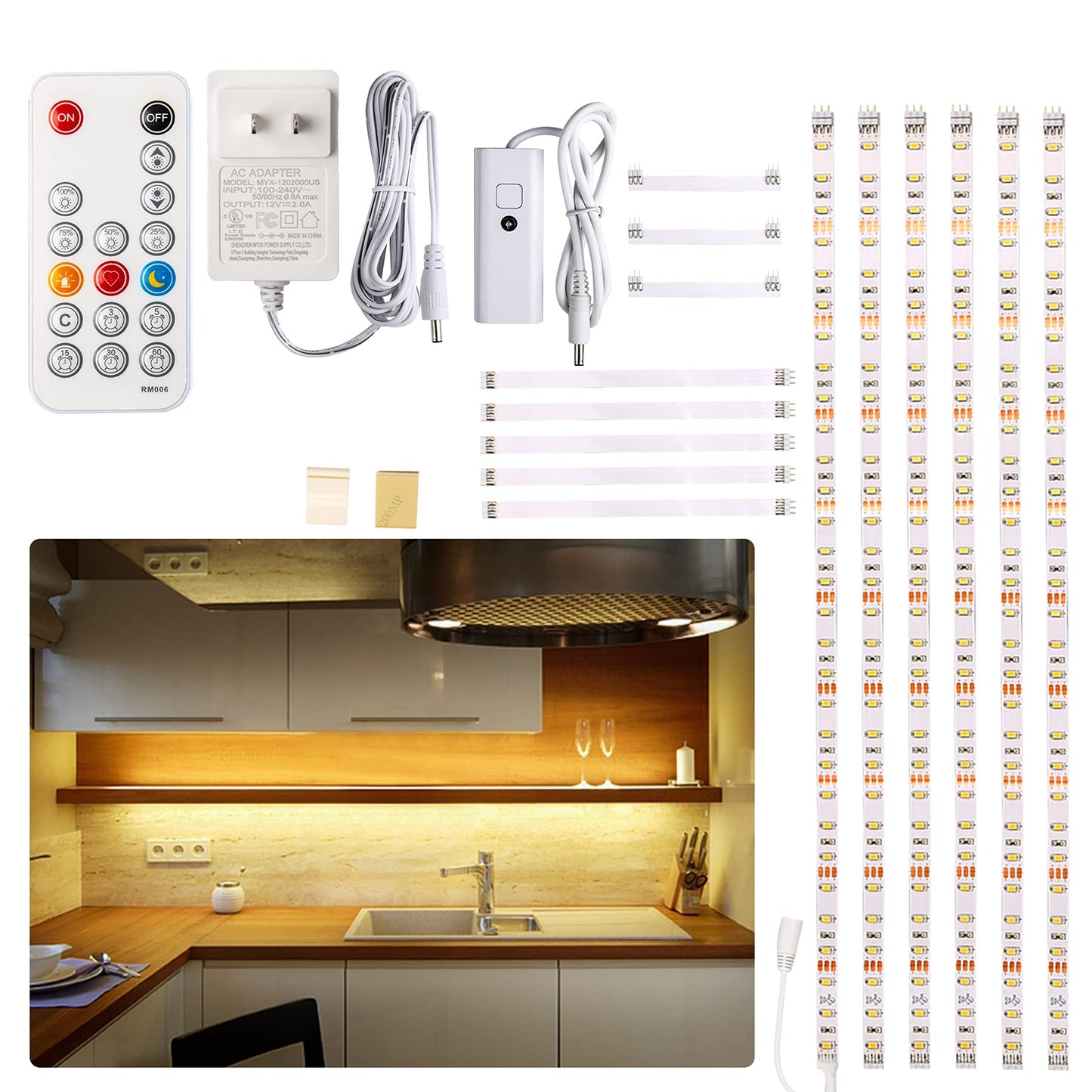 Wobane Under Cabinet Led Lighting Kit, 6 Pcs Warm White Strip Lights, Dimmable, 6X20 Inch, Model Led Cabinet Light Cs6