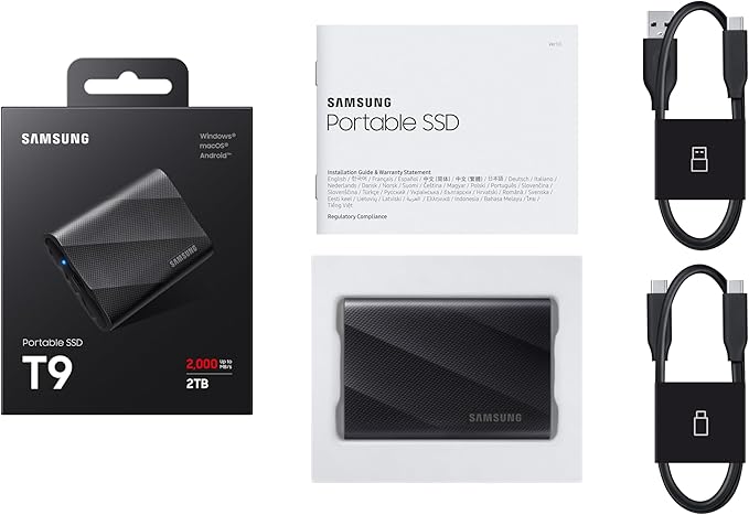 Samsung T9 Portable SSD 2TB, Up to 2,000MB/s, USB 3.2 Gen 2x2 External Solid State Drive, Up to 3 m Drop Resistant, for Creative Professionals, Youtubers, Content Creators, Mac Compatible, MU-PG2T0B