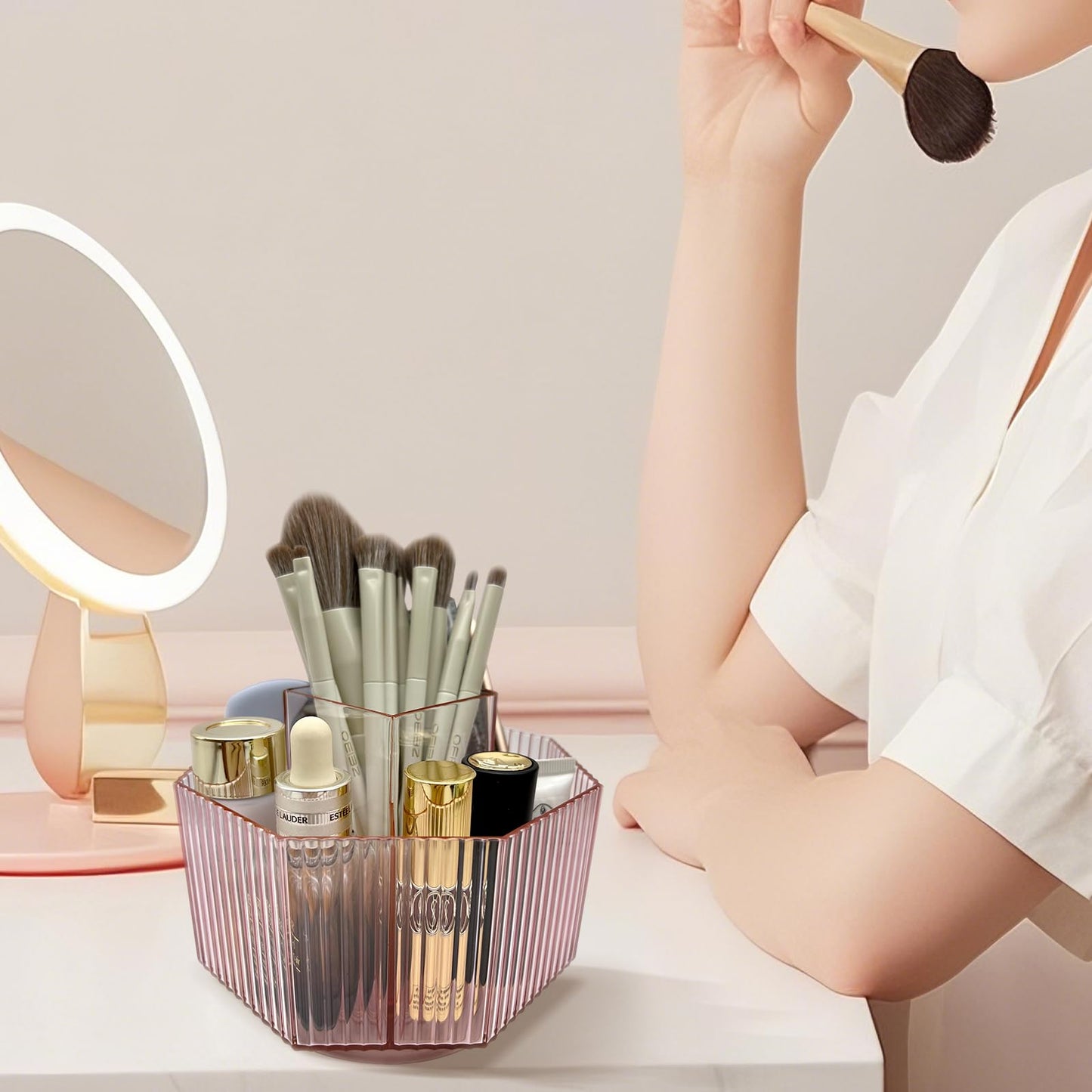 LiteTour Crystal Pink 360 Rotating Makeup Brush Organizer, Multi-Compartment Storage for Skincare, Cosmetic Tools, Vanity, Desk,