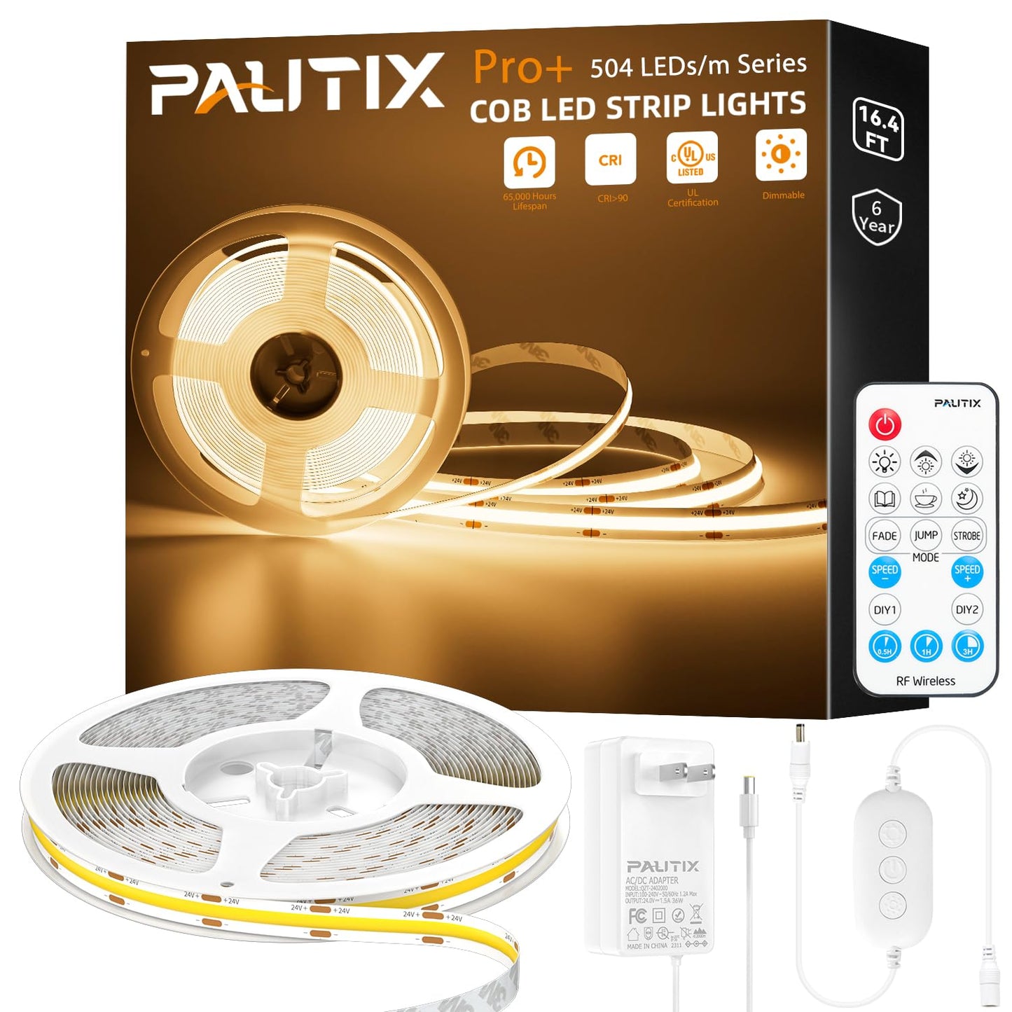 PAUTIX COB LED Strip Light, 16.4ft Dimmable 3000K Warm White, 2520 LEDs, RF Remote, 36W Adapter, for Bedroom & Kitchen