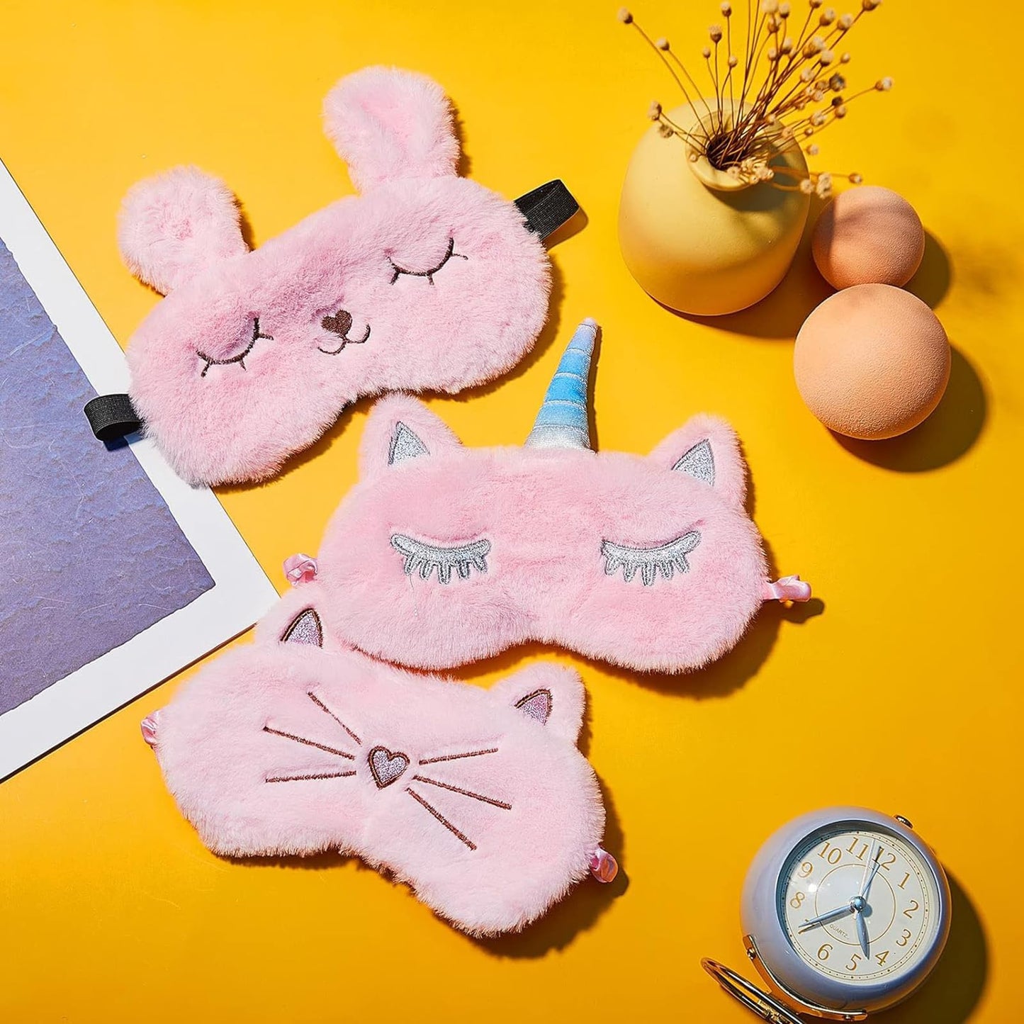 3 Pieces Sleep Mask for Kids, Girls Plush Sleeping Eye Cover Soft Eye Blindfold Cover Animal Shade for Kids(Pink,Bunny, Cat and Unicorn Style)