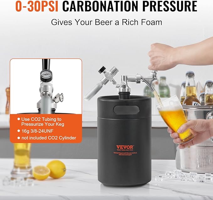 Beer Growler Tap System, 170Oz 5L Mini Keg, 304 Stainless Steel Pressurized Beer Growler, Keg Growler with Pressure Display, CO2 Regulator Faucet, Leak-Proof Ring For Draft, Homebrew, Craft Beer