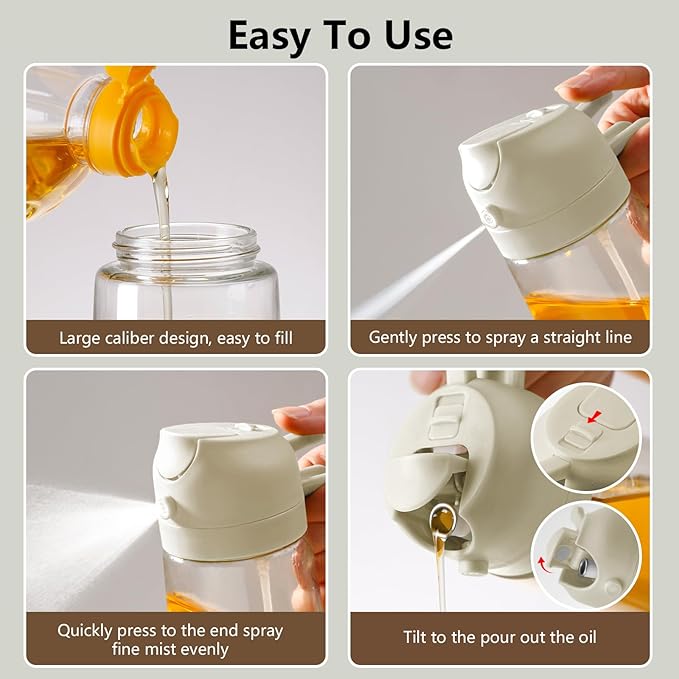 16oz/470ml Oil Dispenser and Oil Sprayer, Glass Olive Oil Pourer for Kitchen, Air Fryer, Cooking, Salad, BBQ (White)