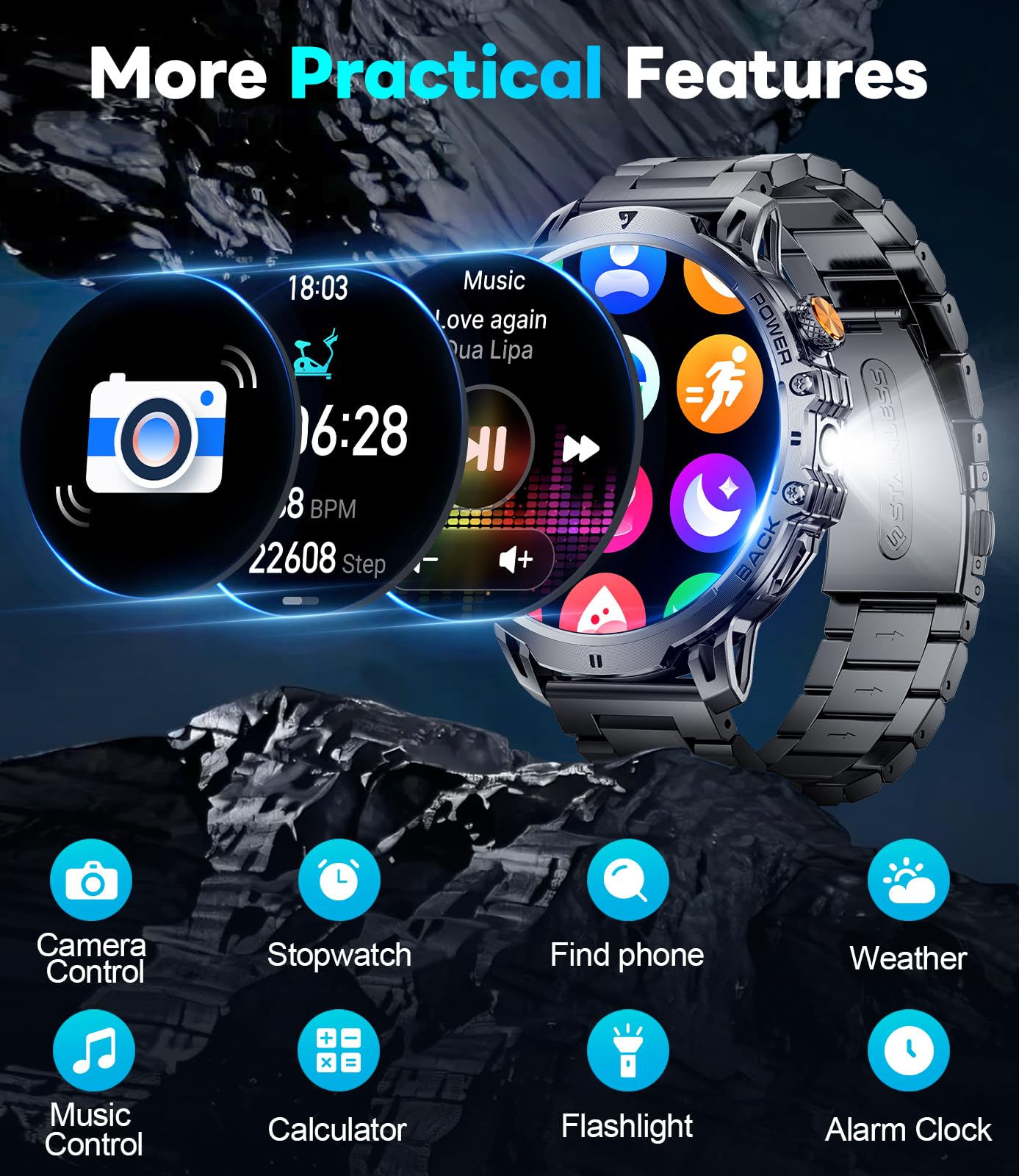 Smart Watches for Men with Bluetooth Calling,1.85" HD Display Rugged Military Fitness Tracker with Heart Rate Monitor Built-in LED Flashlight 110+ Sports Modes IP68 Waterproof for Android iOS Black